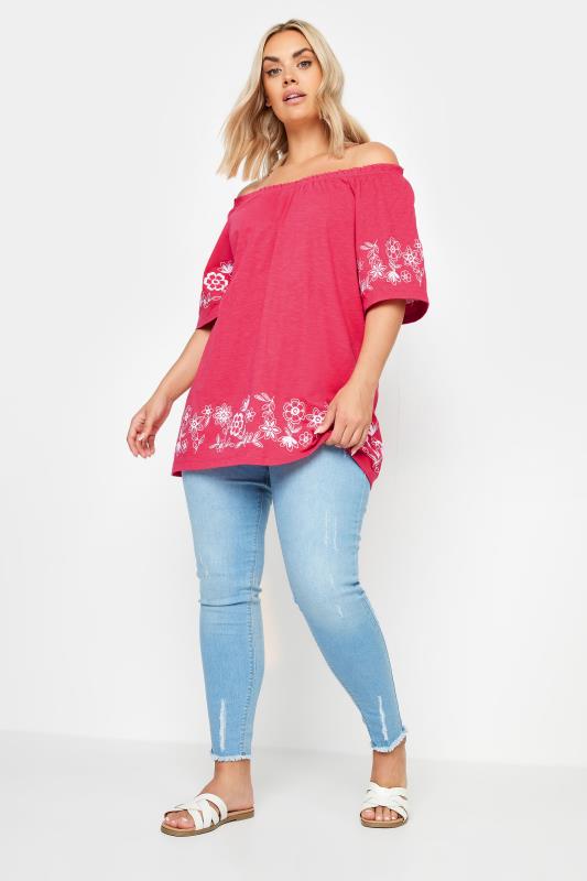 YOURS Plus Size Pink Embroidered Detail Bardot Top | Yours Clothing 2