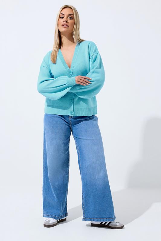 LIMITED COLLECTION Plus Size Light Blue Balloon Sleeve Knitted Cardigan | Yours Clothing 1