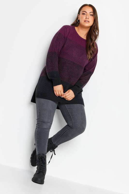 YOURS Plus Size Berry Red Colourblock Stripe Knitted Jumper | Yours Clothing 2
