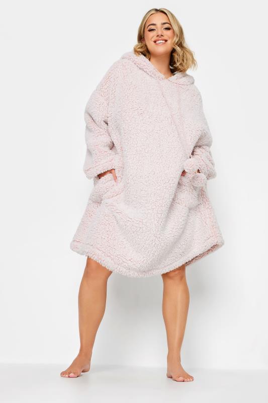 YOURS Plus Size Light Pink Teddy Drawstring Snuggle Hoodie | Yours Clothing 1