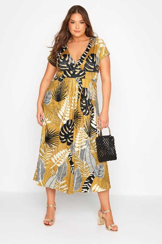 Plus Size  Curve Mustard Yellow Leaf Print Maxi Wrap Dress