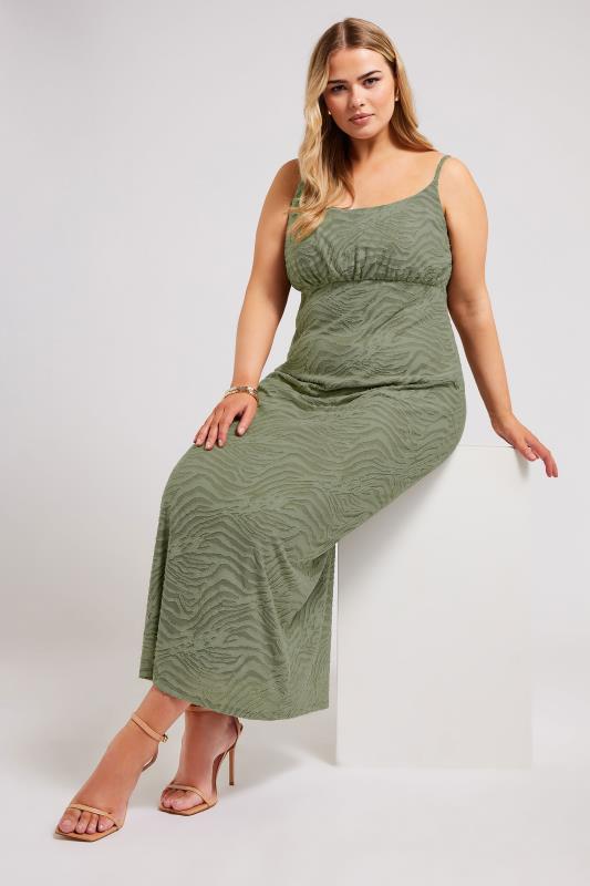 YOURS LONDON Plus Size Khaki Green Zebra Jacquard Maxi Dress | Yours Clothing 1