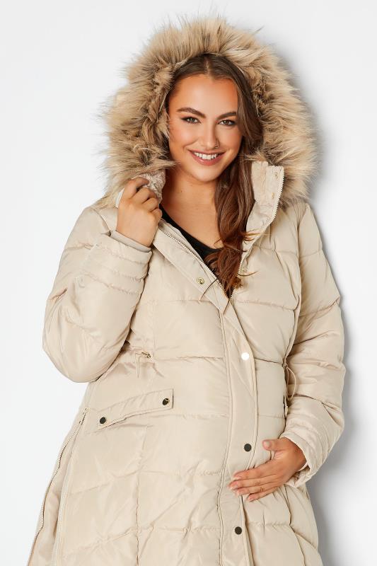 BUMP IT UP Maternity Plus Size Natural Brown Panelled Puffer Midi Coat | Yours Clothing 4
