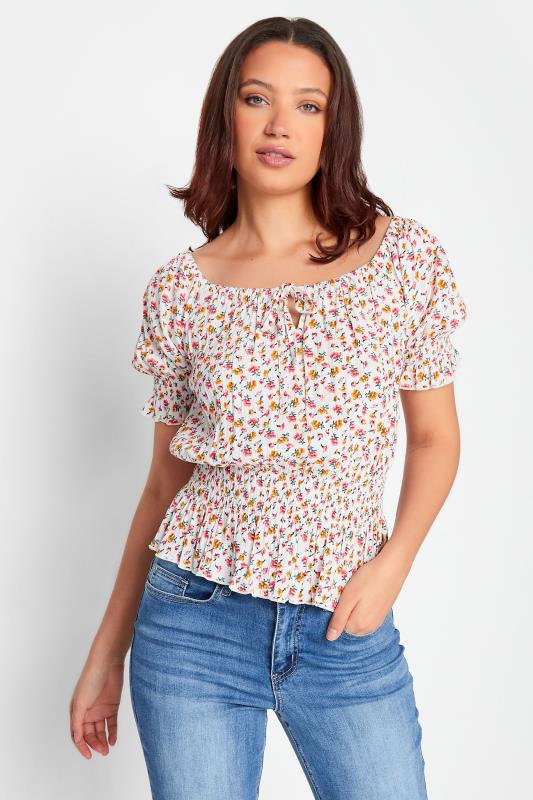 LTS Tall White Floral Crinkle Bardot Top | Long Tall Sally 1