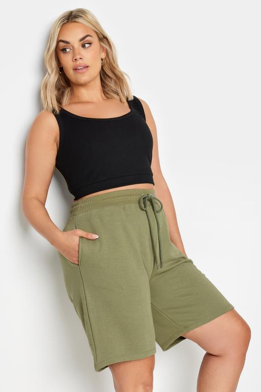 YOURS Plus Size Khaki Green Elasticated Jogger Shorts | Yours Clothing 1