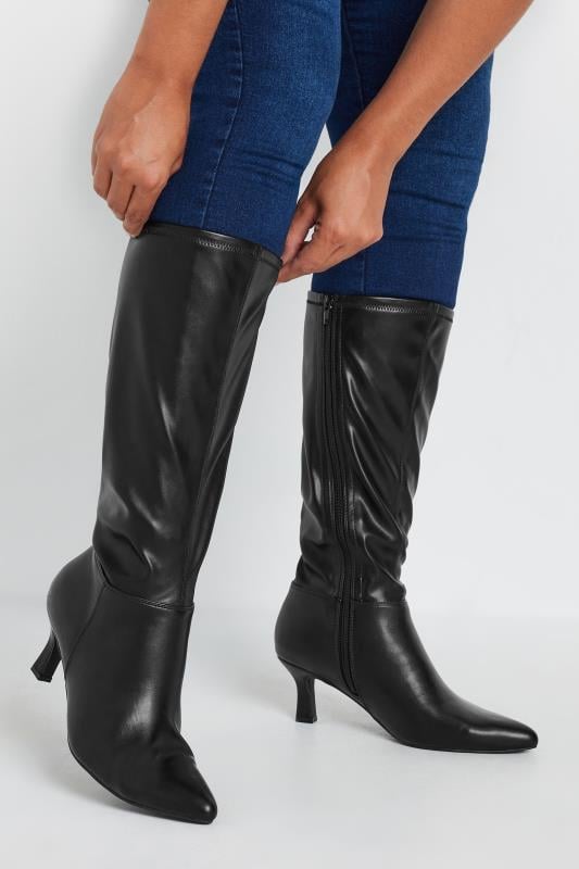 Black Faux Leather Knee High Pointed Boots In Extra Wide EEE Fit | Yours Clothing  1