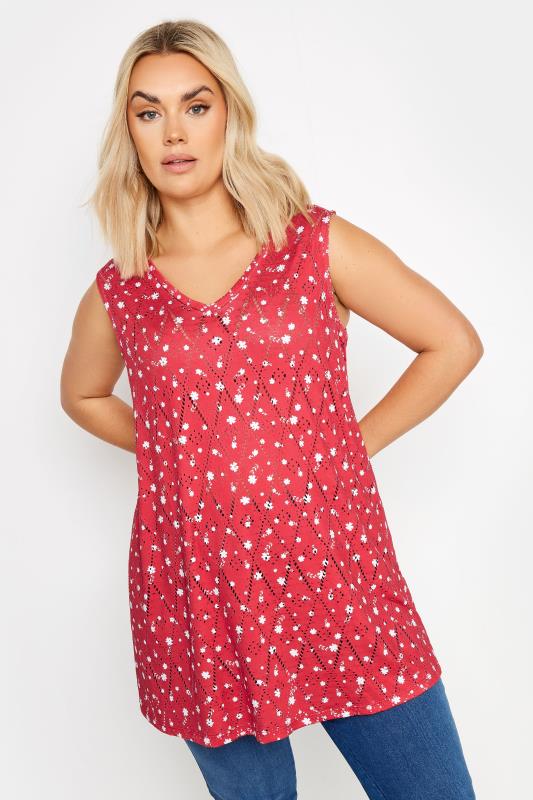 Plus Size  YOURS Curve Red Floral Print Broderie Anglaise Vest Top