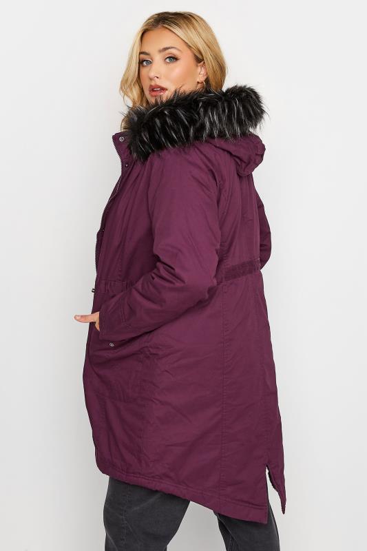 Plus Size Purple Faux Fur Lined Hooded Parka Coat | Yours Clothing 3