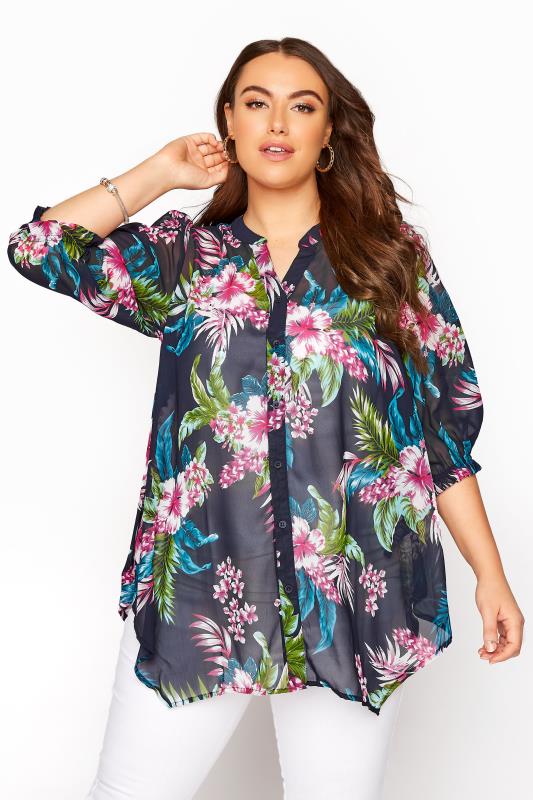 Black Multicoloured Floral Grandad Collar Hanky Hem Blouse | Yours Clothing