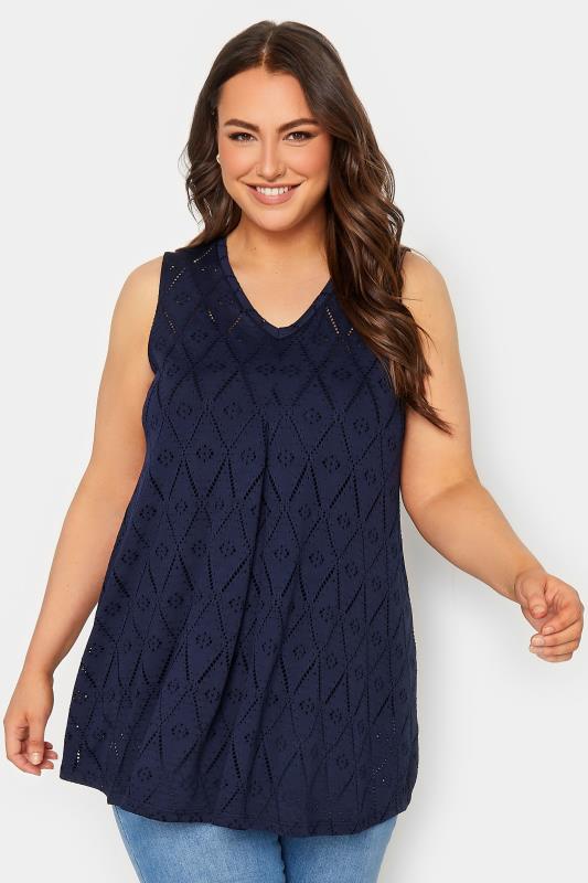 YOURS Curve 2 PACK Plus Size Navy Blue Broderie Swing Vest Top | Yours Clothing  2
