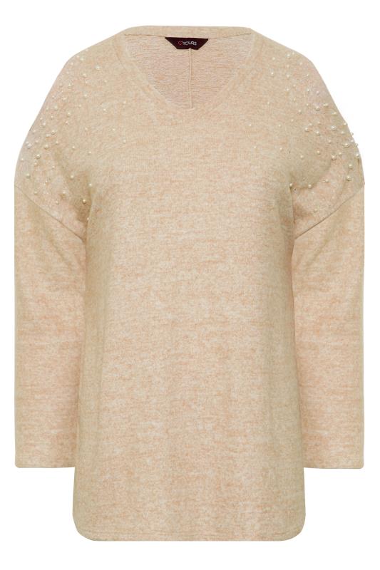 Curve Plus Size Beige Pearl Embellished Cut Out Shoulder Soft Touch Top | Yours Clothing  7