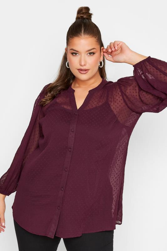 YOURS LONDON Plus Size Burgundy Red Balloon Sleeve Dobby Blouse | Yours Clothing 1