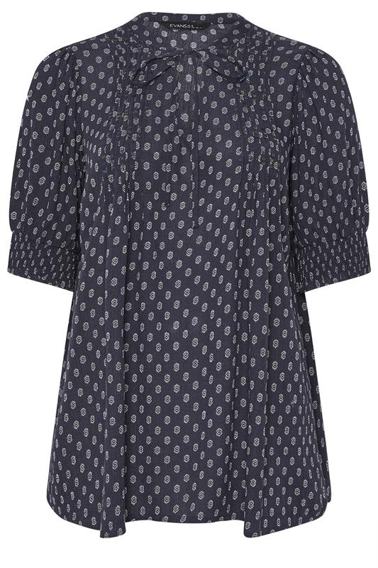 EVANS Plus Size Navy Blue Dobby Tie Neck Pintuck Blouse | Evans 6