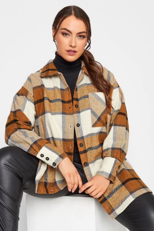 LIMITED COLLECTION Plus Size Beige Brown Check Print Shacket | Yours Clothing 1