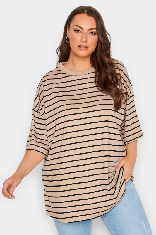 Plus Size Beige Brown Stripe Oversized Boxy T-Shirt | Yours Clothing 1