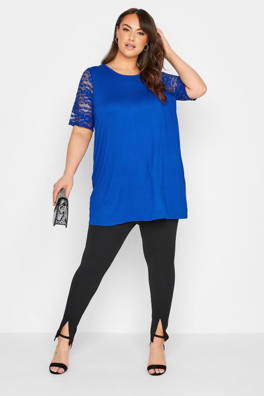 LIMITED COLLECTION Curve Cobalt Blue Lace Sleeve T-Shirt_B.jpg