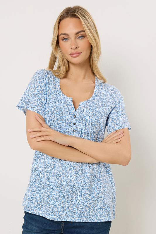 M&Co Blue Floral Short Sleeve Cotton Henley Top | M&Co 1
