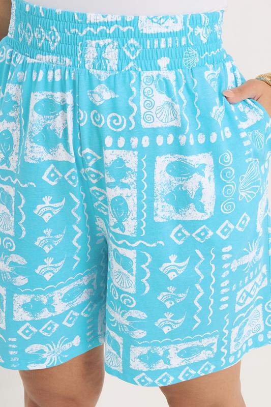 YOURS Plus Size Blue Mixed Shell Shirred Shorts | Yours Clothing 5