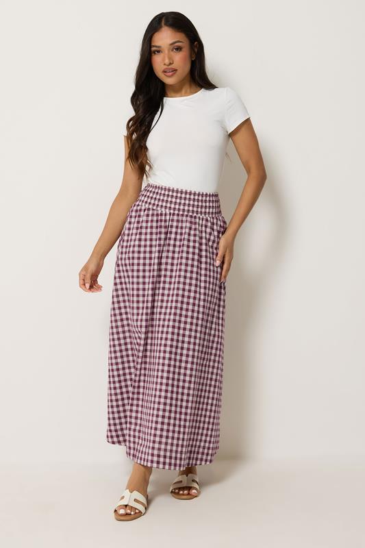 PixieGirl Petite Women's Plum Purple Gingham Cotton Shirred Maxi Skirt | PixieGirl 2