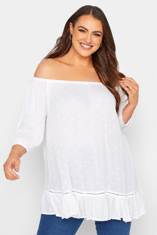 Plus Size  YOURS Curve White Bardot Dobby Top