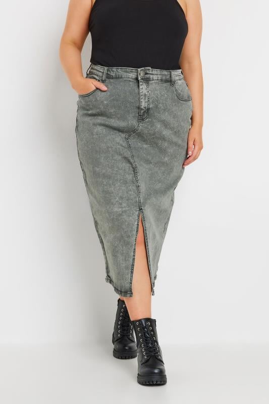  YOURS Curve Grey Acid Wash Stretch Denim Midaxi Skirt