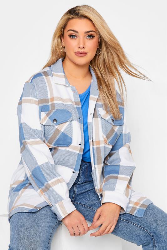 Plus Size  Curve Blue Checked Shacket