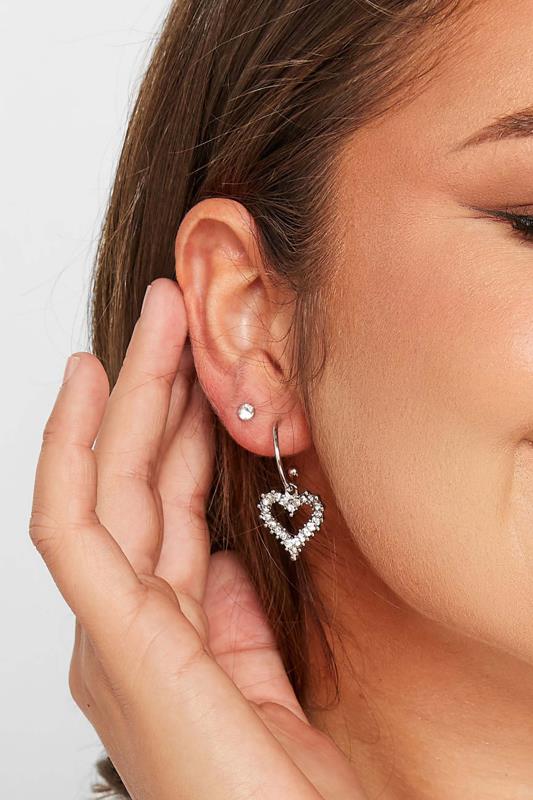 2 PACK Silver Heart Diamante Drop Earrings | Yours Clothing 1