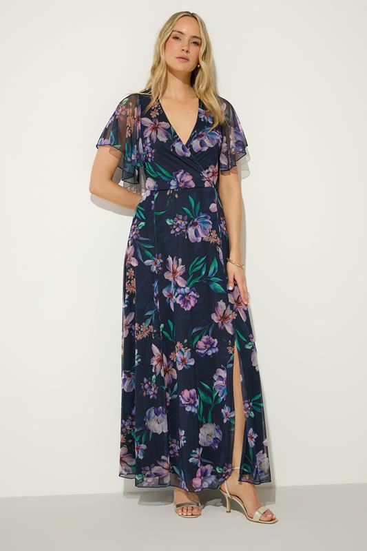 LTS Tall – Gewickeltes Maxikleid in Marineblau aus Netzstoff mit Blumenmuster