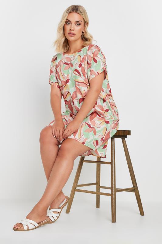 YOURS Plus Size Green & Orange Leaf Print Tunic Dress | Yours Clothing 2