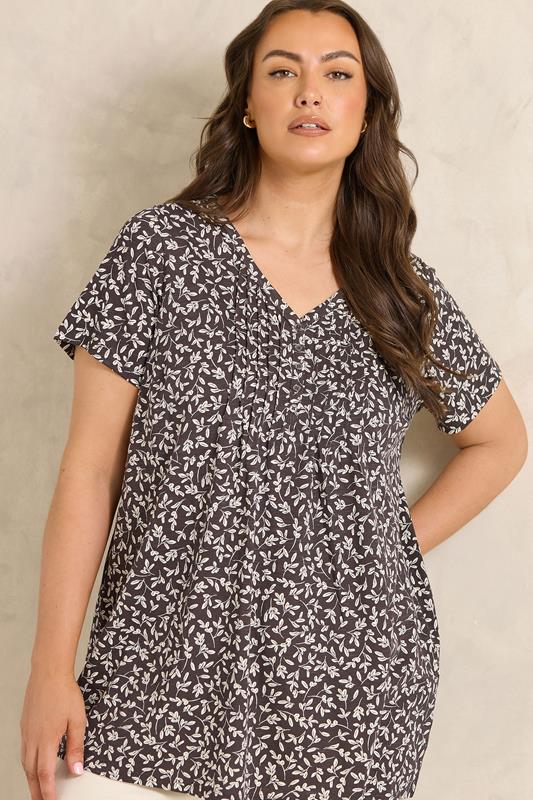 EVANS Plus Size Chocolate Brown Print Cotton Henley Top | Evans 1