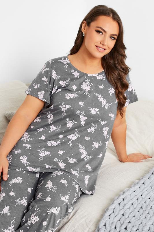 Plus Size Grey Floral Print Dipped Hem Pyjama Top | Yours Clothing 4
