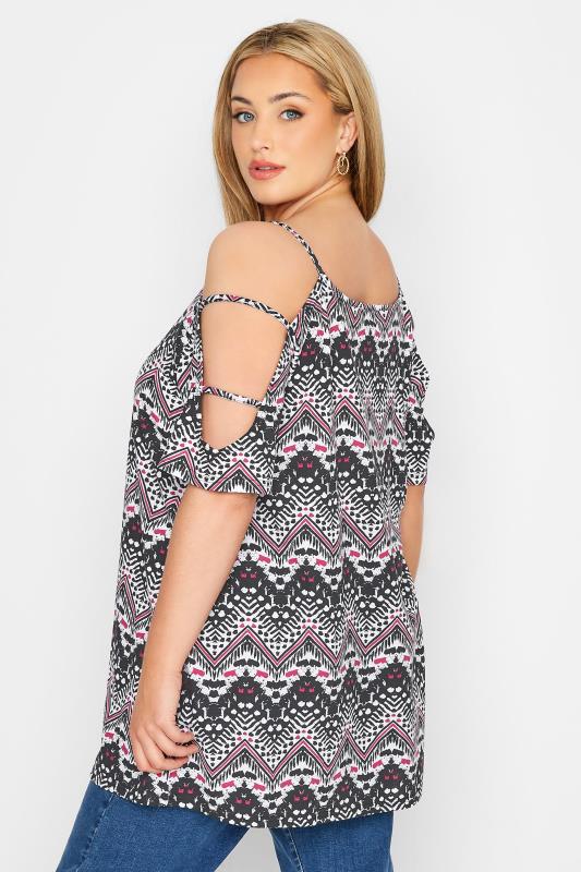 Plus Size Black Aztec Strappy Cold Shoulder Top | Yours Clothing 3