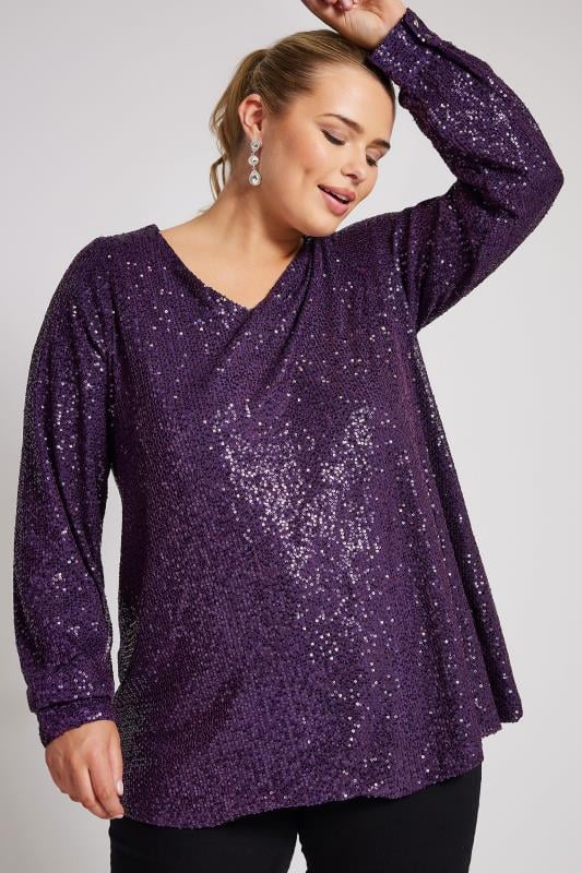 Plus Size  YOURS LONDON Curve Purple Sequin V-Neck Top