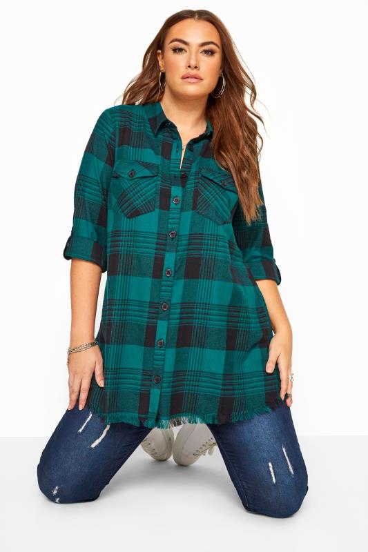 Teal Green Check Frayed Hem Shirt | Yours Clothing
