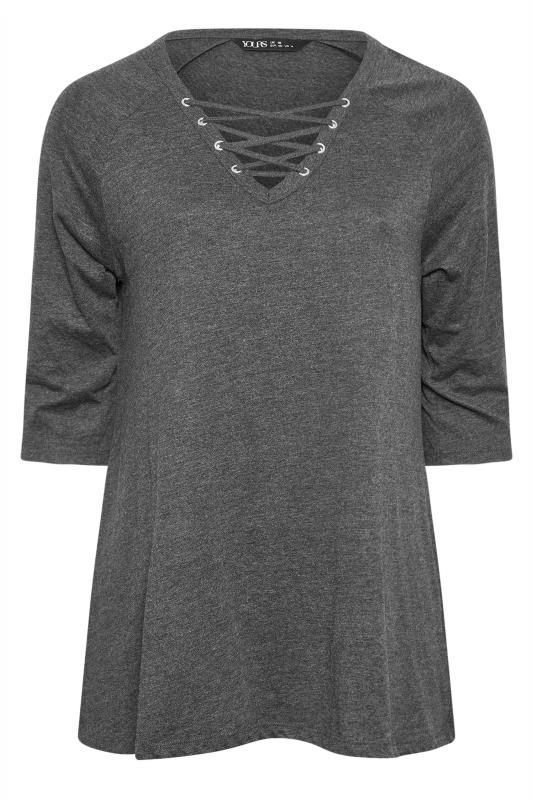 YOURS Plus Size Grey Lace Up Eyelet Top | Yours Clothing 5