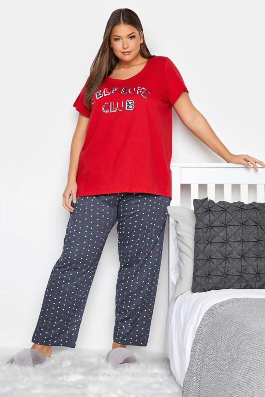 Plus Size Red 'Self Love Club' Slogan Pyjama Top | Yours Clothing 2