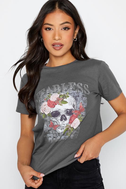 Petite Grey 'Fearless' Skull Slogan T-Shirt 5