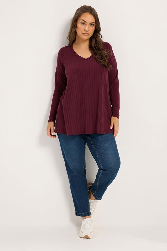 YOURS Plus Size Red Plunge Neck Ribbed T-Shirt | Yours Clothing 1