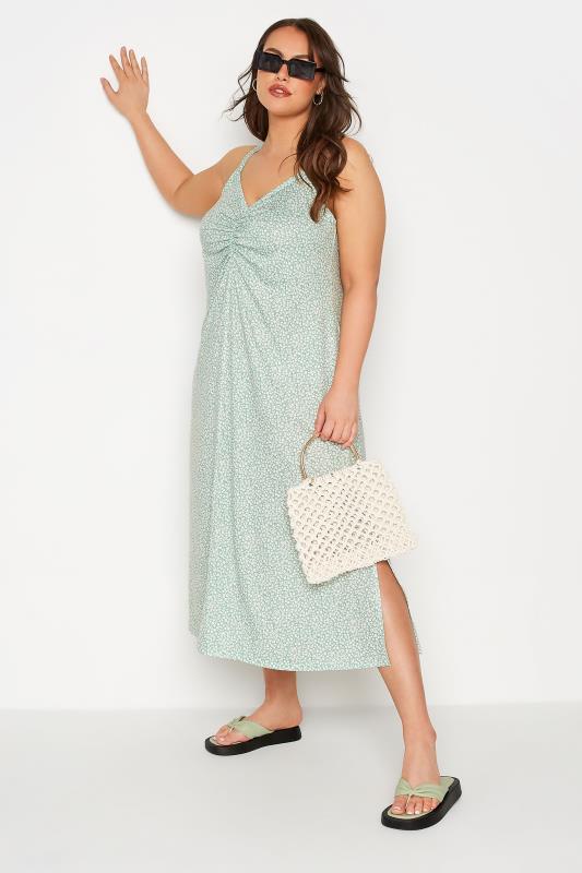LIMITED COLLECTION Curve Sage Green Ditsy Ruched Dress 1