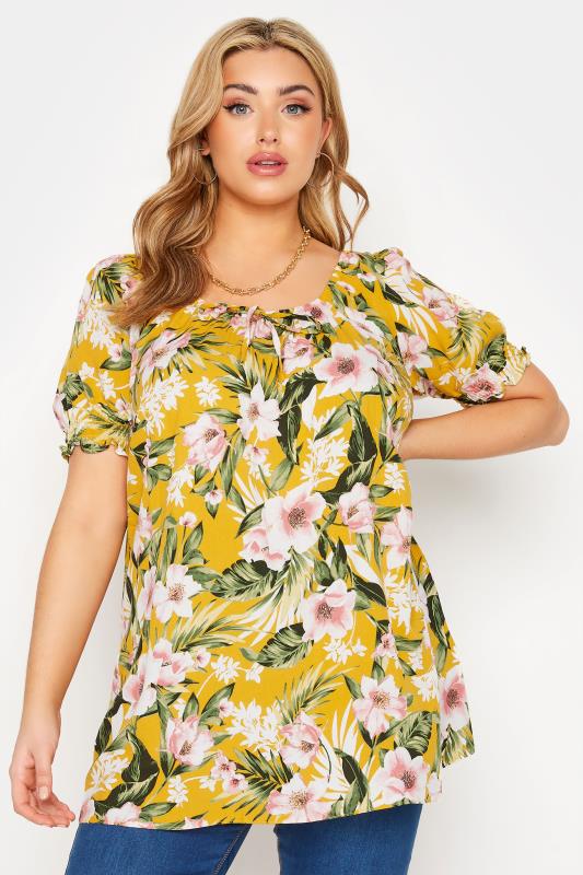 YOURS LONDON Curve Yellow Floral Longline Gypsy Top_A.jpg