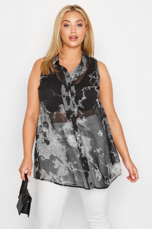 Curve Black Abstract Print Sleeveless Frill Swing Blouse 1