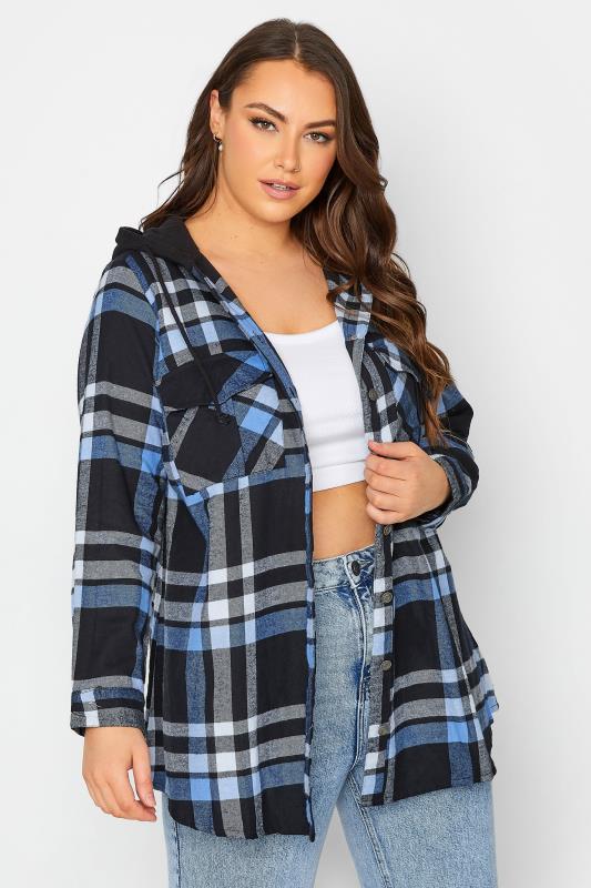 Plus Size  YOURS Curve Blue Check Hooded Shirt