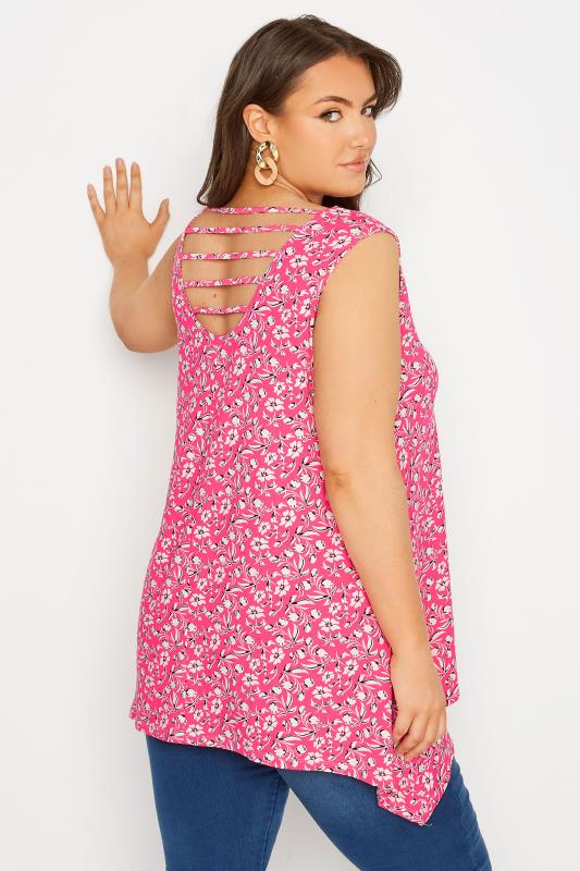 Plus Size Pink Floral Open Back Hanky Hem Vest Top | Yours Clothing 3
