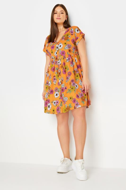 YOURS Plus Size Orange Floral Print Button Front Smock Dress | Yours Clothing 2