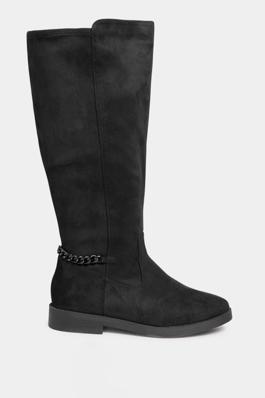 Curve Black Suede Knee High Chain Detail Boots In Wide E Fit & Extra Wide EEE Fit  3