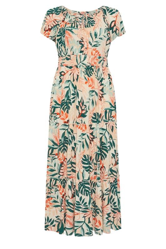 YOURS Plus Size Cream Leaf Tie Neck Bardot Maxi Dress | Yours Clothing 6