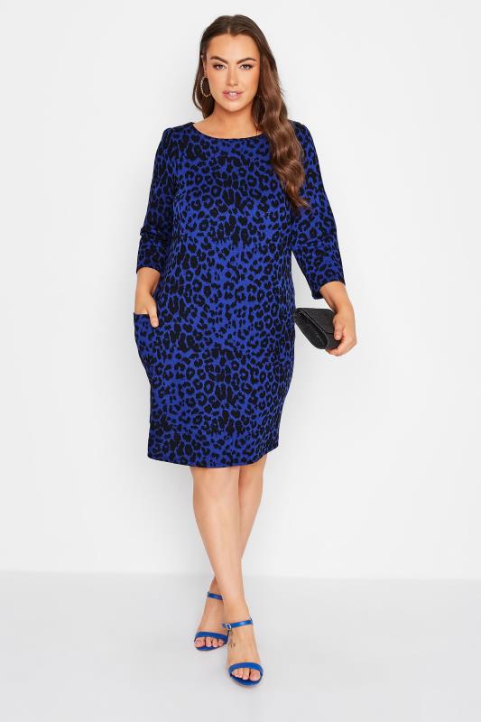 Plus Size  YOURS LONDON Curve Blue Animal Print Jacquard Knitted Pocket Dress