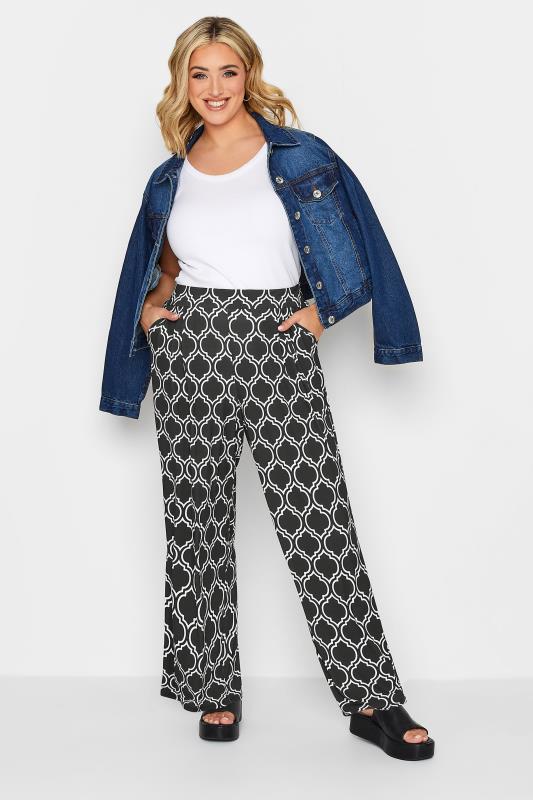 YOURS Curve Plus Size Black Geometric Print Wide Leg Trousers | Yours ...