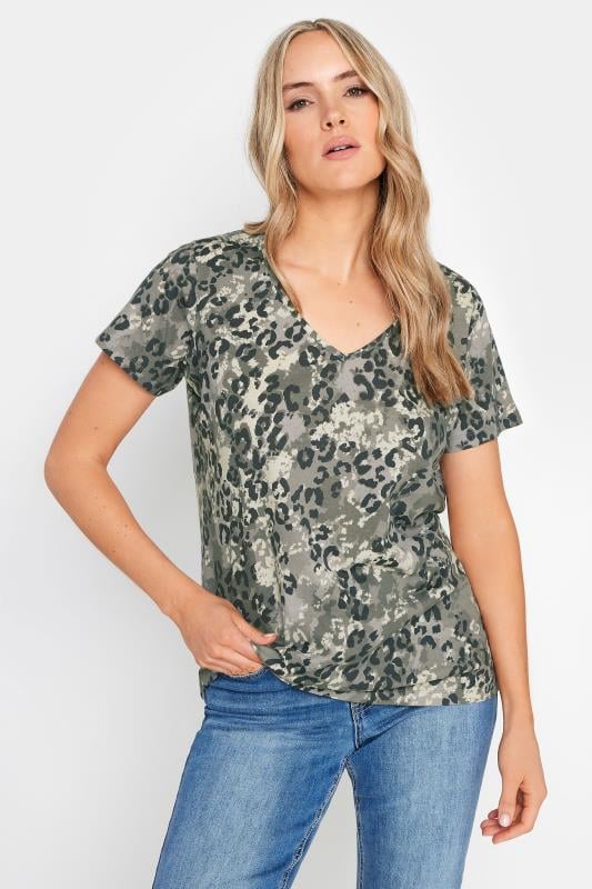 LTS Tall Grey Camo Leopard Print V-Neck Top | Long Tall Sally 1