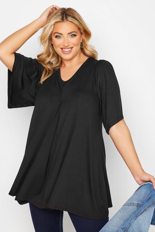 Plus Size  YOURS Curve Black Pleat Angel Sleeve Swing Top